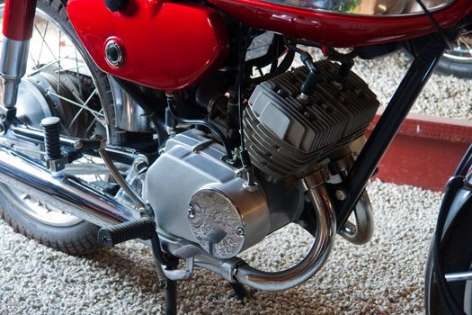 Close details of a famous classical traditional 70s Japanese motorcycle engine