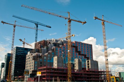 Cranes standing tall over a construction site.