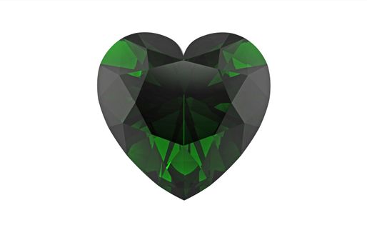 Green diamond emerald in form of heart, isolated on white