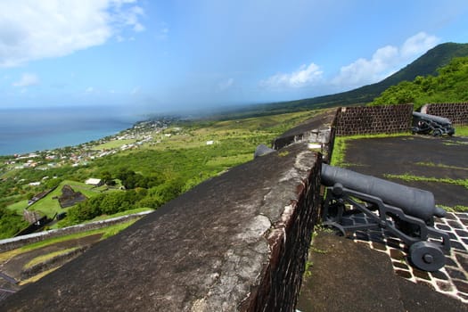 The beautiful coastline of St Kitts seen from Brimstone Hill Fortress National Park.
