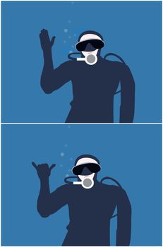 Two illustrations of a diver making the hand sign meaning Stop,wait and This is cool