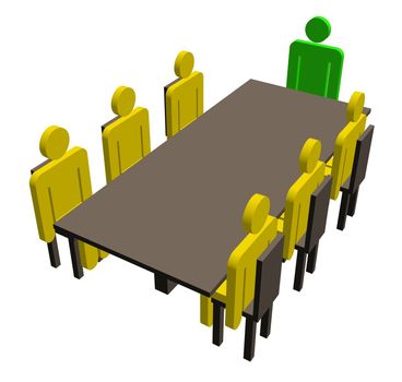 Illustration of people sitting around a table with the head person coloured differently