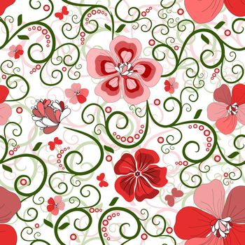 White seamless floral pattern with red-pink flowers