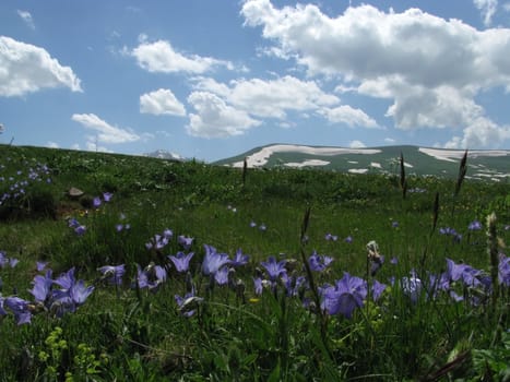 The main Caucasian ridge, relief; a landscape; a hill; a panorama; mountains; Caucasus; a slope; a snow; clouds; the sky; a glacier; a landscape