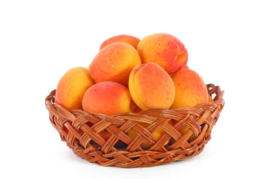 Fresh, colorful ripe apricots in a basket, isolated on white
