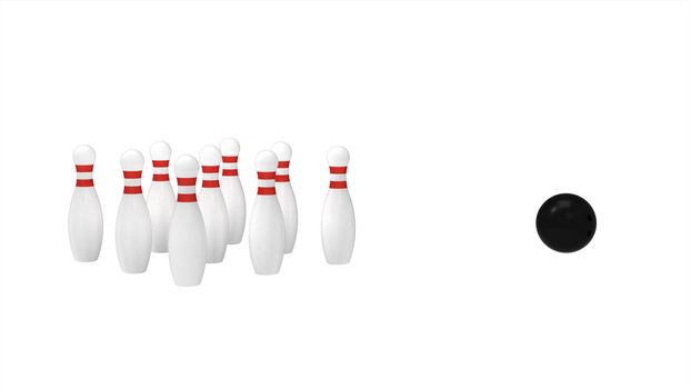 White skittles and black ball isolated on white, bowling, 3d render