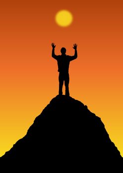 Silhouette illustration of a person on top of  a mountain facing the sun