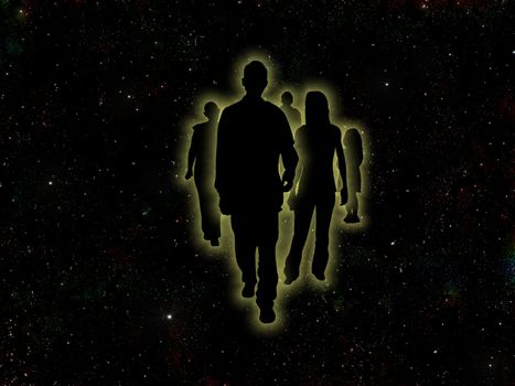 Illustrated people on a space background