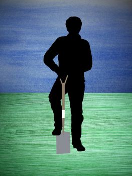 Silhouette of a man digging over a painted blue/green surface
