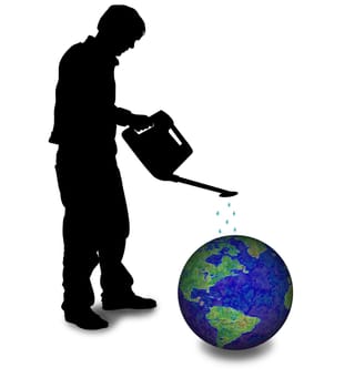 Illustration of a man using a watering can on the Earth
