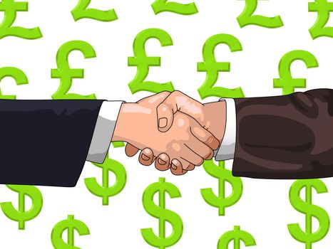 Illustration of shaking hands over a background of Pound and Dollar symbols