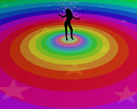 Illustration of a woman dancing in the middle of a rainbow dance floor with sparkles coming from her body