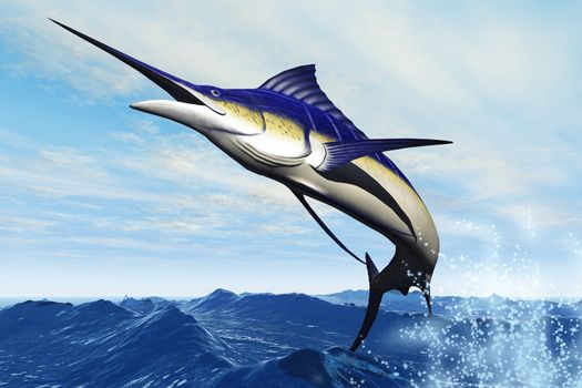 A sleek blue marlin bursts from the ocean surface in a grand leap.