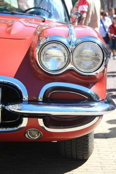 The front of a classic American car