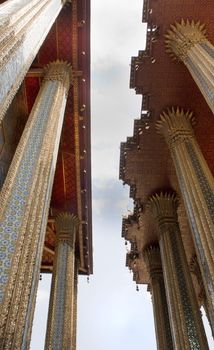 Pillars of a Gold Temple Grand Palace in Bangkok, Thailand 