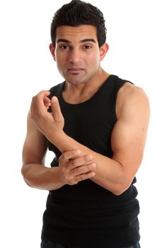 A man, construction worker, builder, fitness instructor or other nursing a sore arm with wincing expression.  White background.