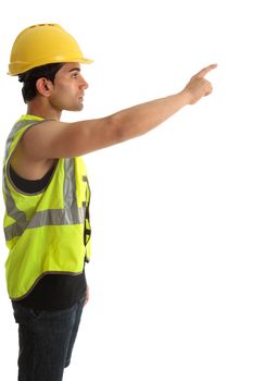 A construction worker or builder with arm outstretched and pointing.  White background.  Suitable for your message.