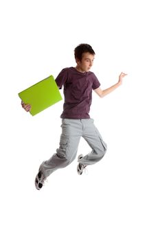 Excited male student jumping leaping high into the air.  White background.