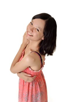 Happy smiling girl look at you, closeup portrait of Asian woman on white background.