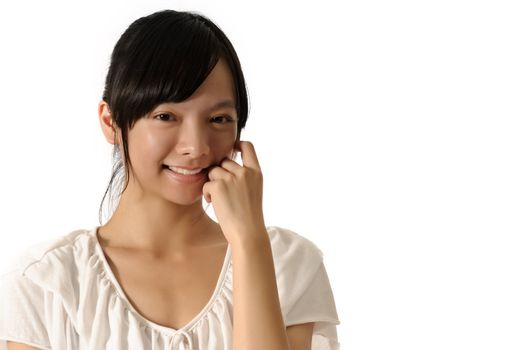 Modern beauty of Asian with smiling face, closeup portrait with copyspace on white.