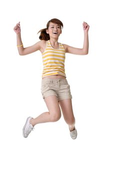 Happy girl jump, full length portrait isolated on white background.