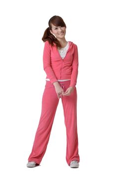 Happy smiling sport girl standing, full length portrait of Asian woman isolated on white background.