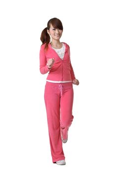 Jogging girl with joy, full length portrait isolated on white background.