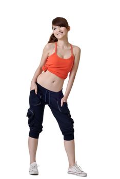 Sexy sport girl posing and smiling, full length portrait of Asian isolated on white background.