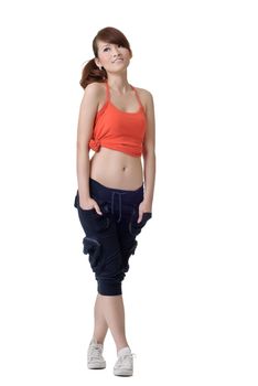 Young sport girl standing and looking copyspace, full length portrait of Asian woman isolated on white background.
