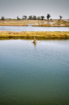 Landscape of fish pond with water wheel on water.