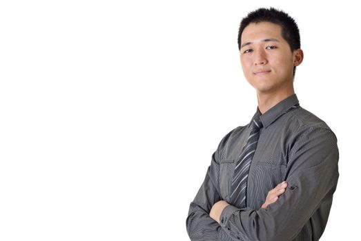 Successful young businessman with copyspace, closeup portrait of Asian office man on white background.