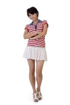 Happy young girl of Asian with smiling face, full length portrait isolated on white background.