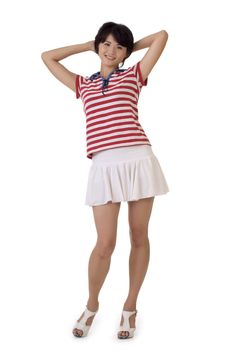 Asian girl with smiling face posing, full length portrait isolated on white background.