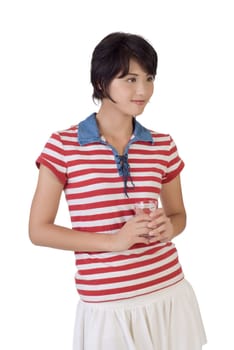 Young girl holding glass of water and thinking, closeup portrait on white background.