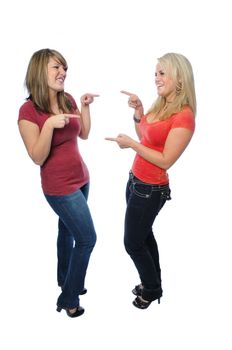 two friends posing together on a white background