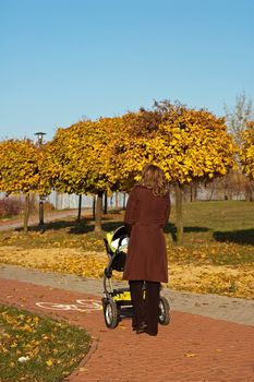Young mother is walking in park with baby carriage