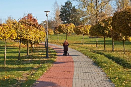 Young mother is walking in park with baby carriage