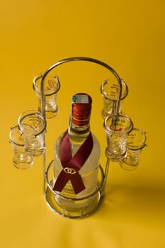 Wedding vodka with glasses and decorative decanter