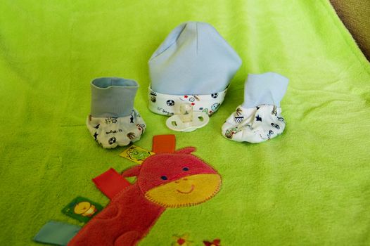 Essential children's accessories on green background , for each baby