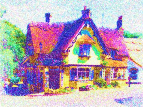 pointillism style illustration of a cottage