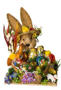 Easter bunny and colorful painted eggs 