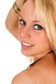 Portrait of a beautiful blond girl, seen against white background