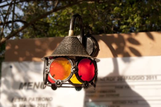 Street lamp with colored glass, filters, stained panels