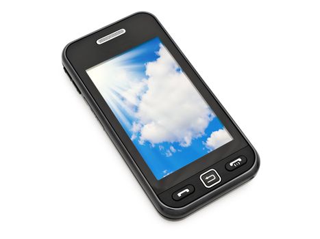 mobile phone with sky wallpapers over white