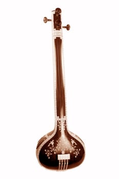 A classical Indian instrument called the Tanpura, isolated on white background.