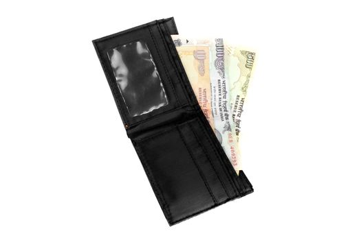 A wallet loaded with Indian currency, on white background.