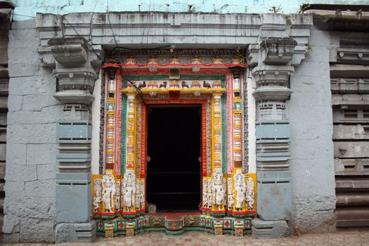 The artistic architecture of an ancient Indian temple entrance.