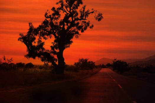 A view of a countryside highway in the dark dawn colors.