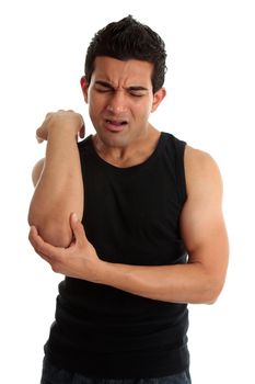 A man, labourer or other occupation crying out with an expression of severe pain in arm, muscle tendon or elbow. White background.