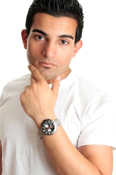 A thinking contemplative man with one hand to chin.  White background.